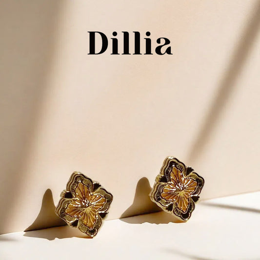 Diamond-Shaped Floral Gold-Plated Stud Earrings