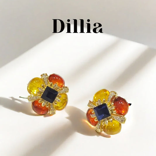 Vintage Cross Floral Two-Color Glass Amber Earrings