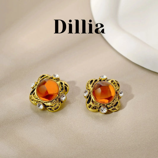 French Orange Glaze Stone Square Stud Earrings