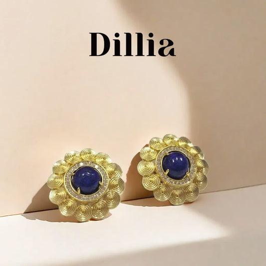 Classic Blue Glaze Stone Floral Earrings